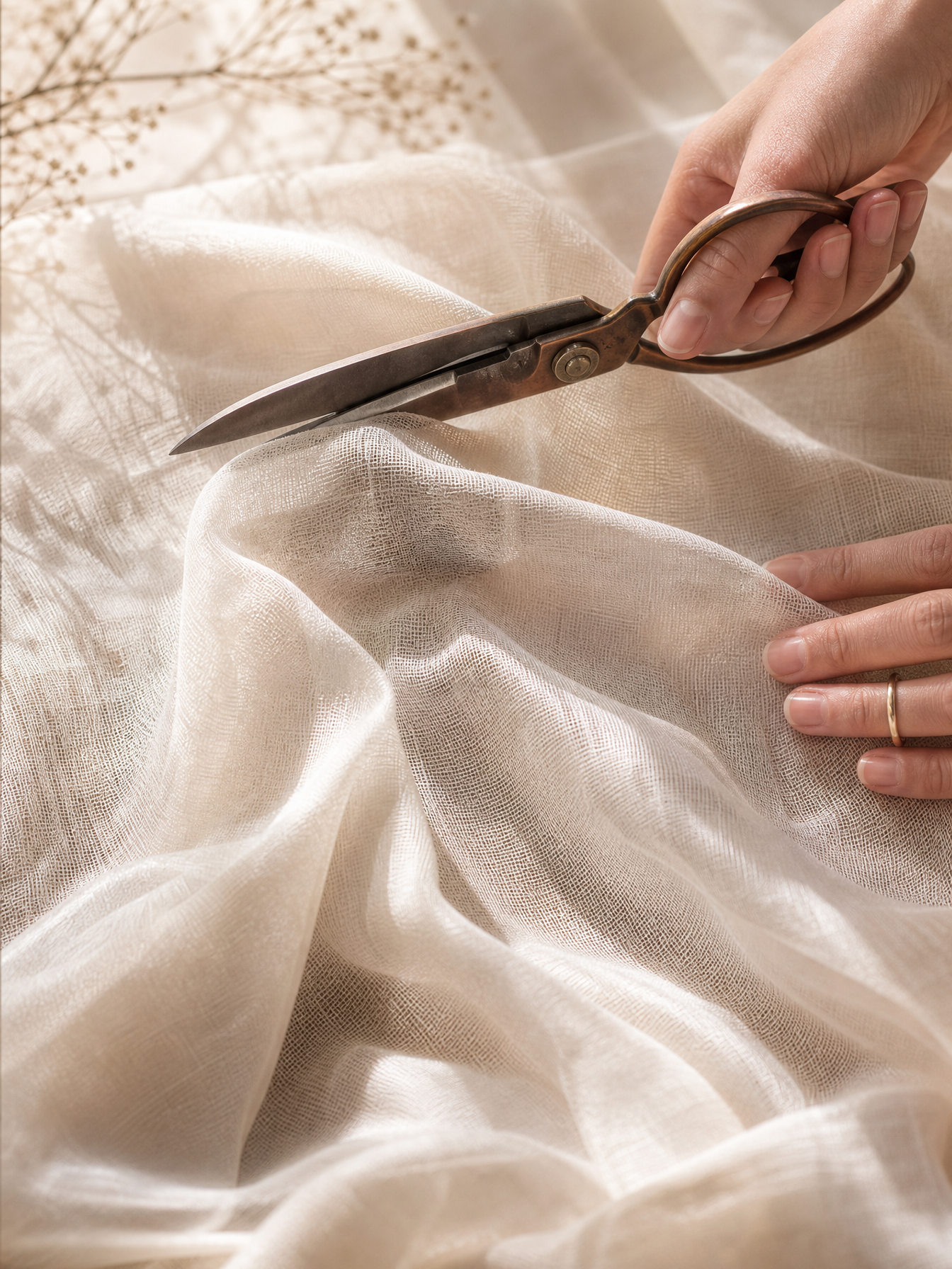 Hand-cutting featherweight voal with vintage shears, dried florals in the frame